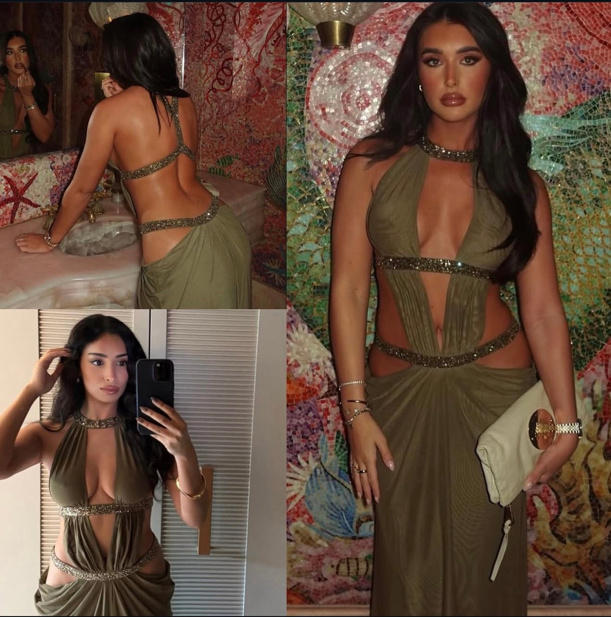 Khaki cut-out backless maxi dress in double layer mesh with hotfix crystals diamante straps and caged back detail. Fastens at hip, bust and front of neck with hook & eyes