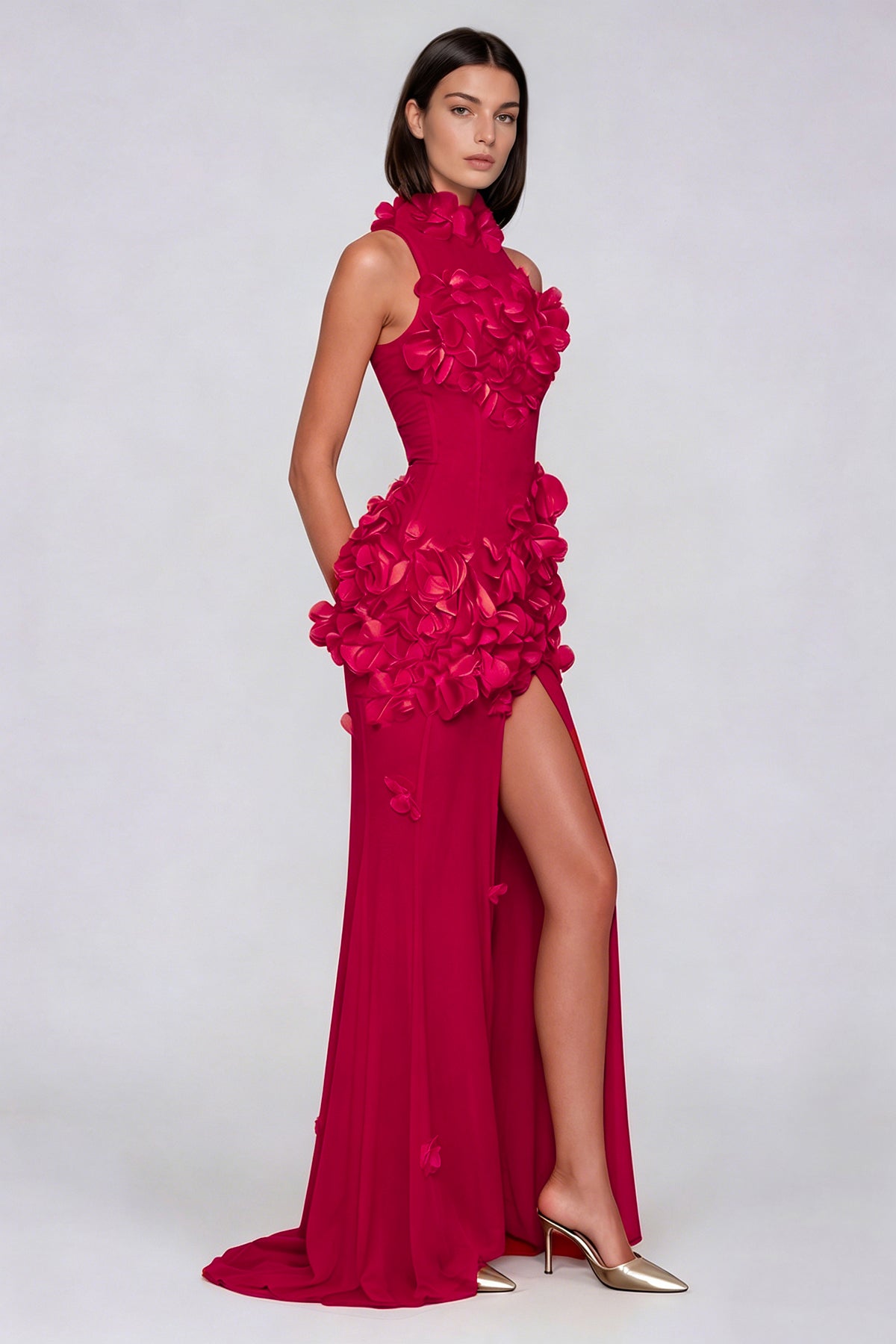 Kira flower high split mesh maxi dress