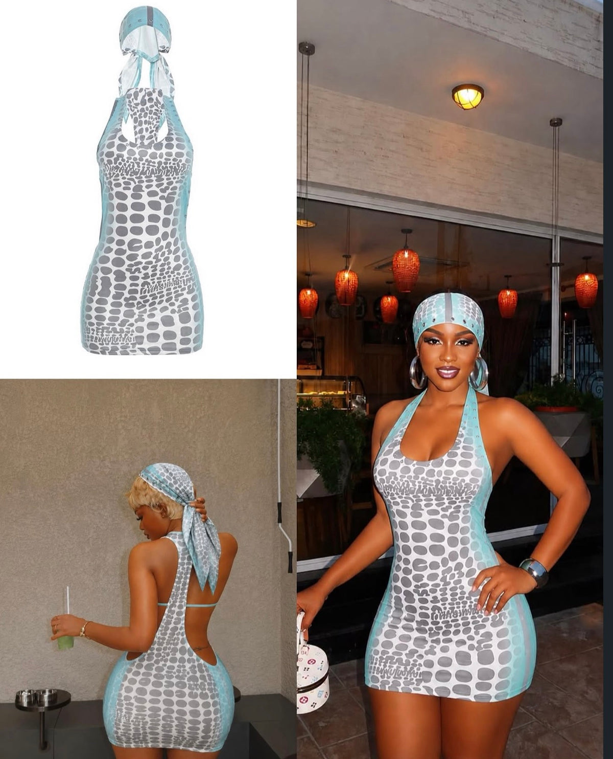 Printed halter mini dress paired with headscarf