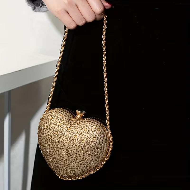 Handheld Evening Bag with Rhinestone Heart Design, Shiny Party Clutch bag