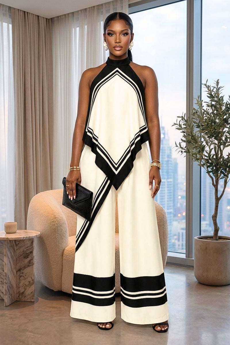 Stylish black and white halter neck top and wide leg pants sets