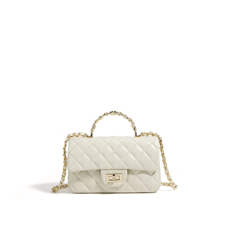 Women's Full-Grain Leather Quilted Gold Lock Crossbody Chain Top Hand Bag - Beige