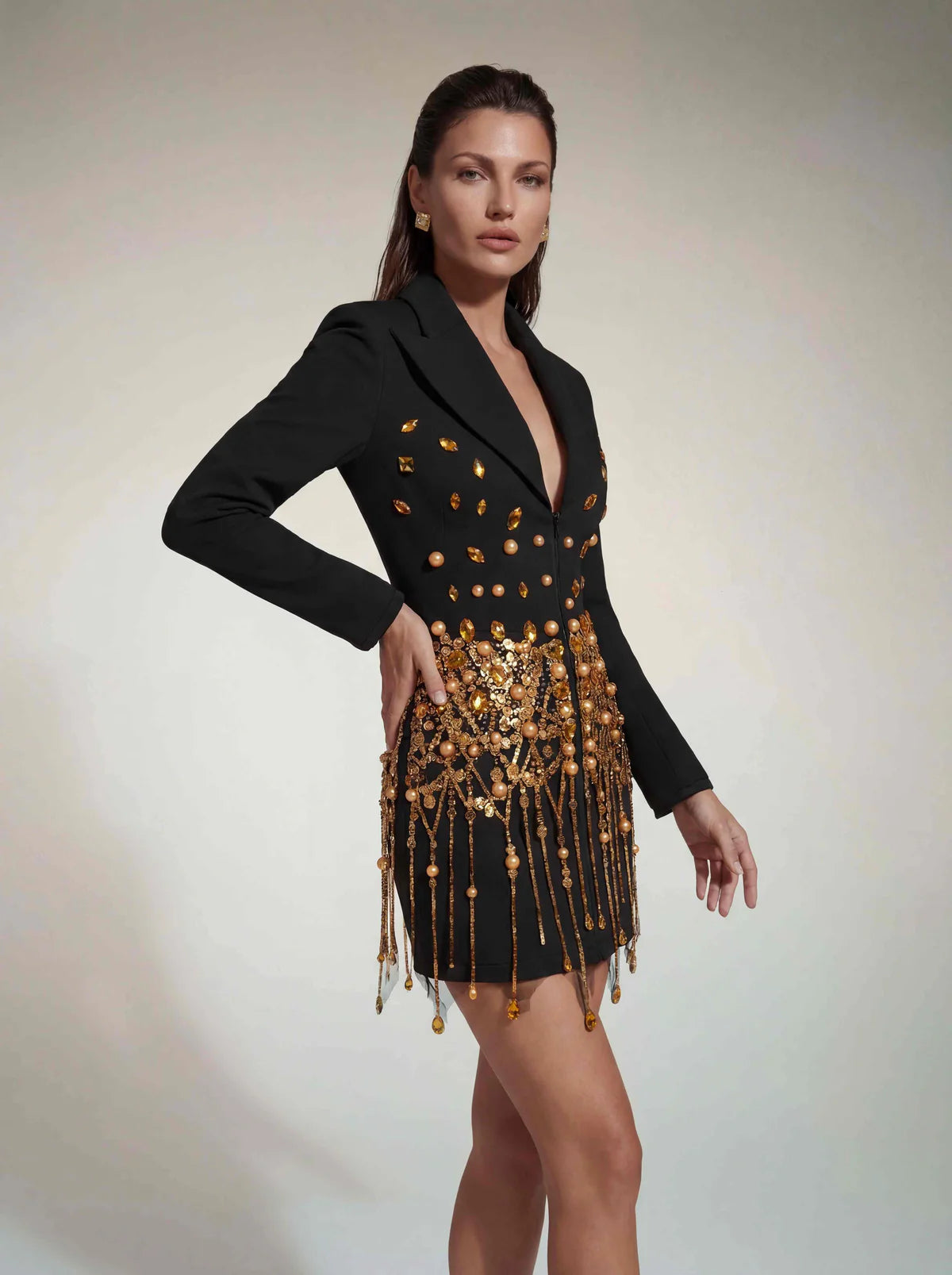 Heavy Gold Beaded Tassel Blazer Dress Notched Lapel Long Sleeve Mini Party Dress
