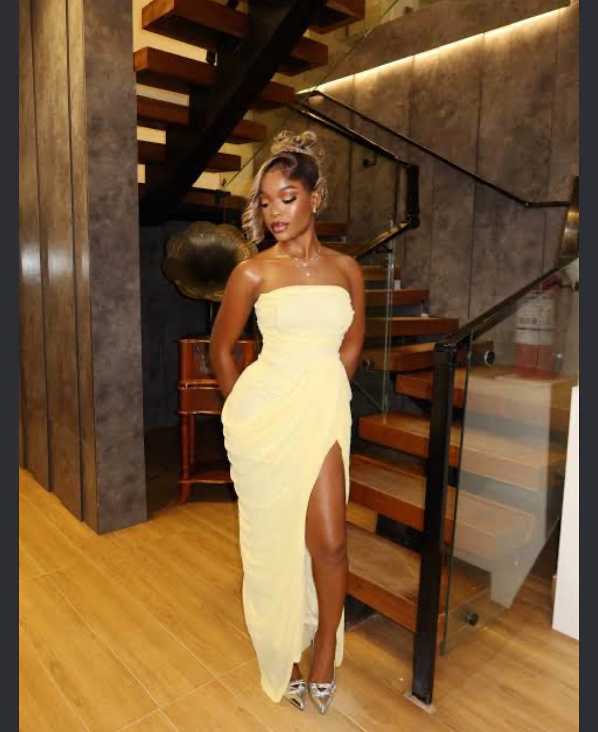 Yellow strapless maxi dress