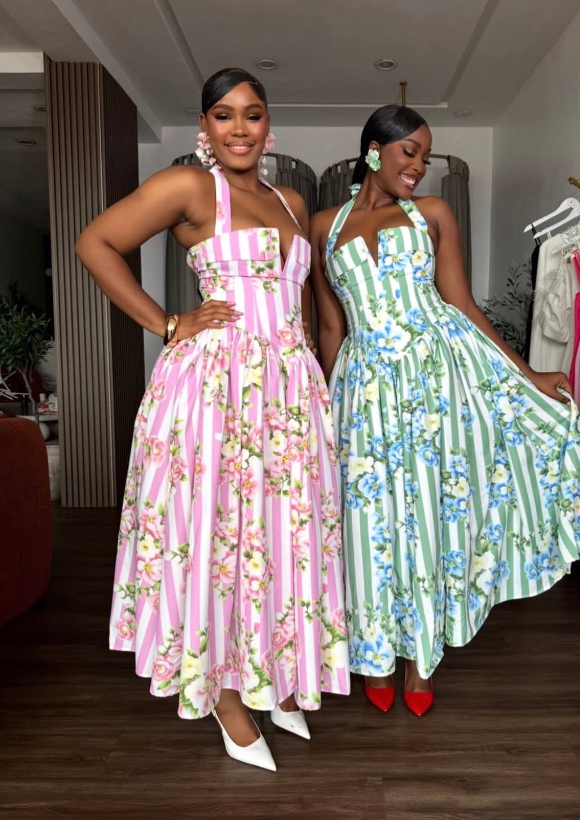 striped floral corset maxi dress