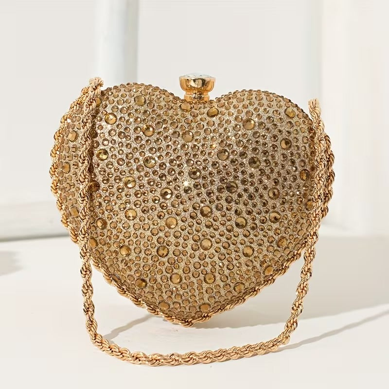 Handheld Evening Bag with Rhinestone Heart Design, Shiny Party Clutch bag