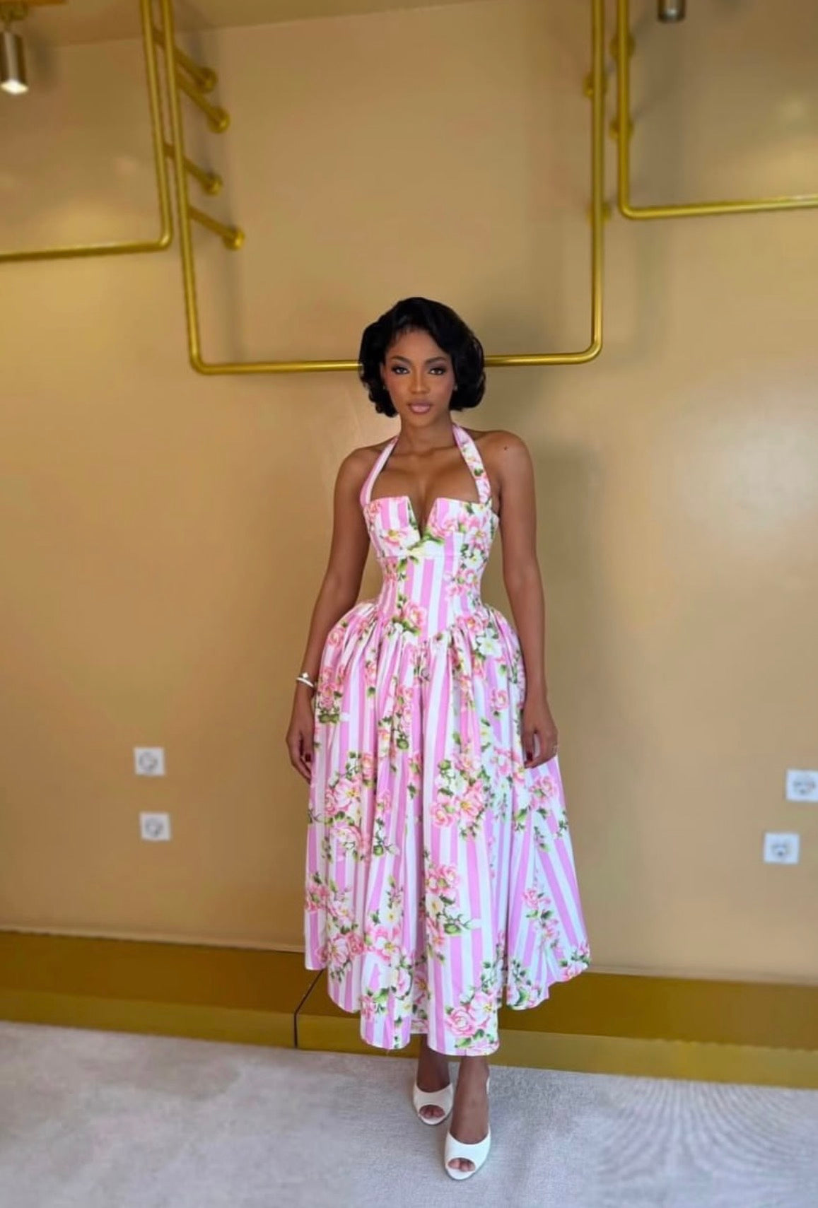 striped floral corset maxi dress