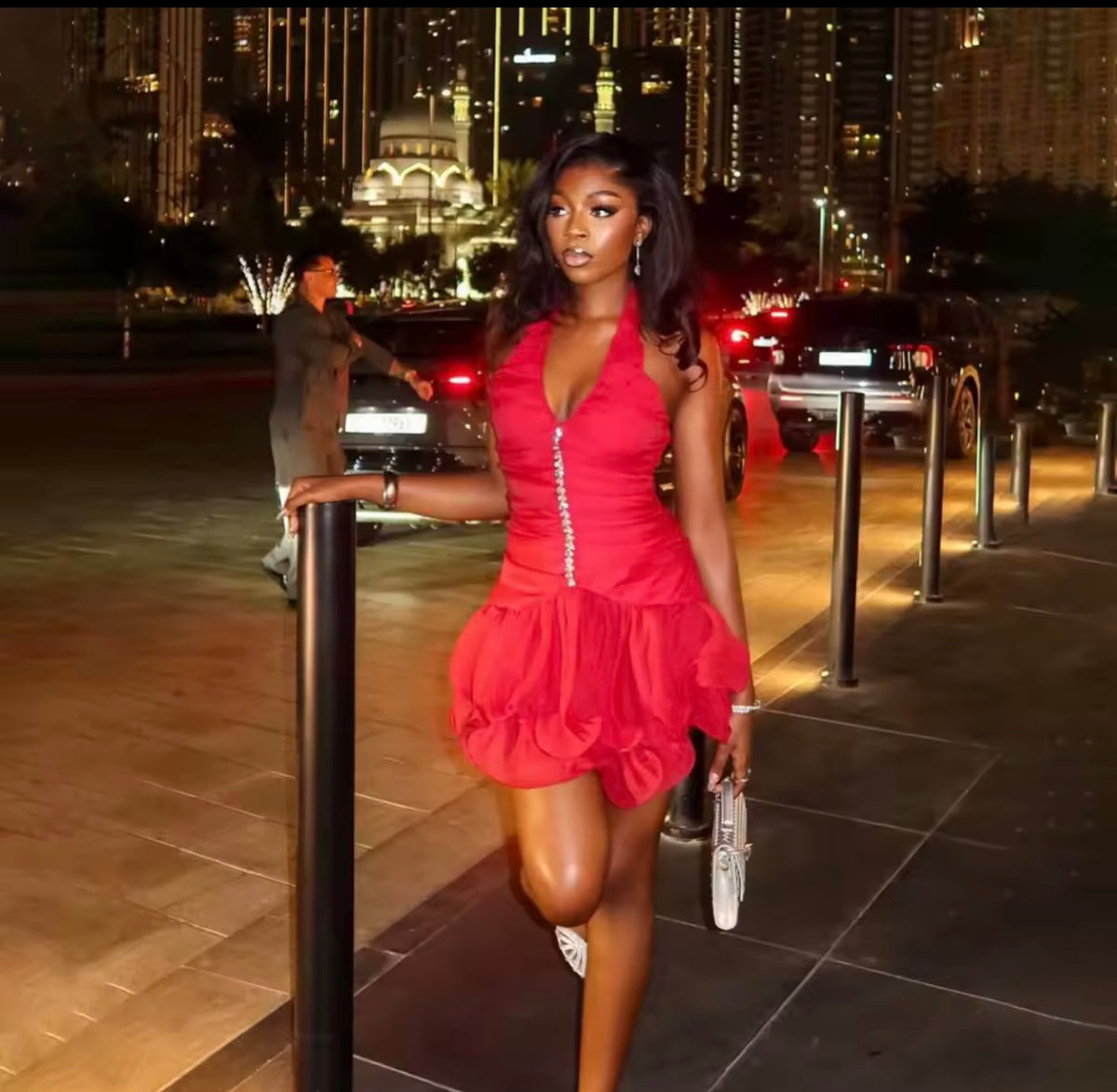 Red crystal prom party dress
