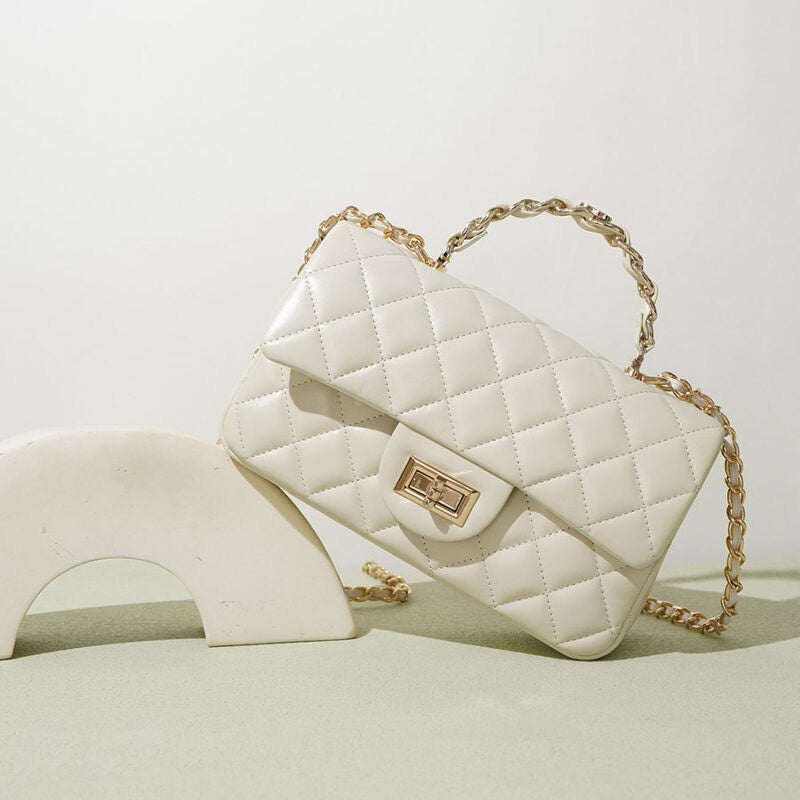 Women's Full-Grain Leather Quilted Gold Lock Crossbody Chain Top Hand Bag - Beige
