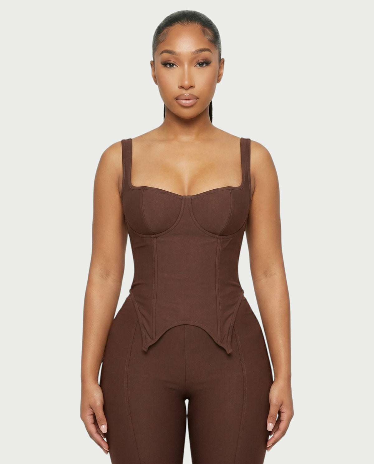 Sleek brown corset top and pants sets