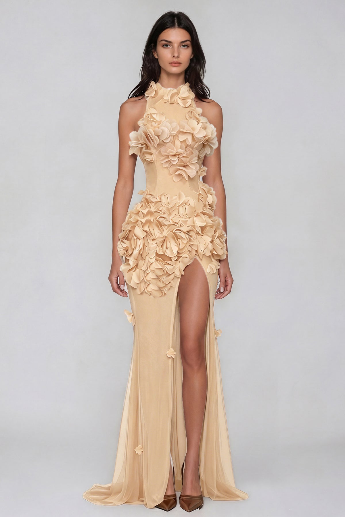 Kira flower high split mesh maxi dress