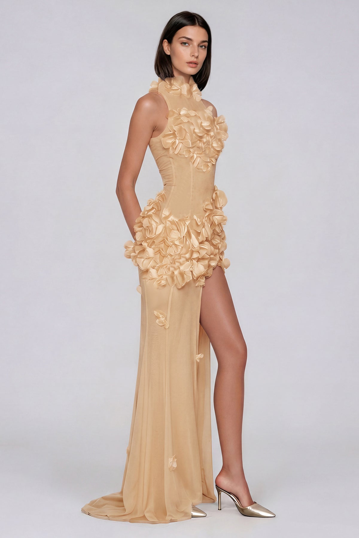 Kira flower high split mesh maxi dress