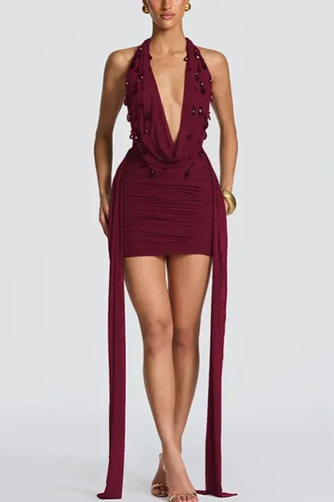 Burgundy & Black draped bodycon mini dress