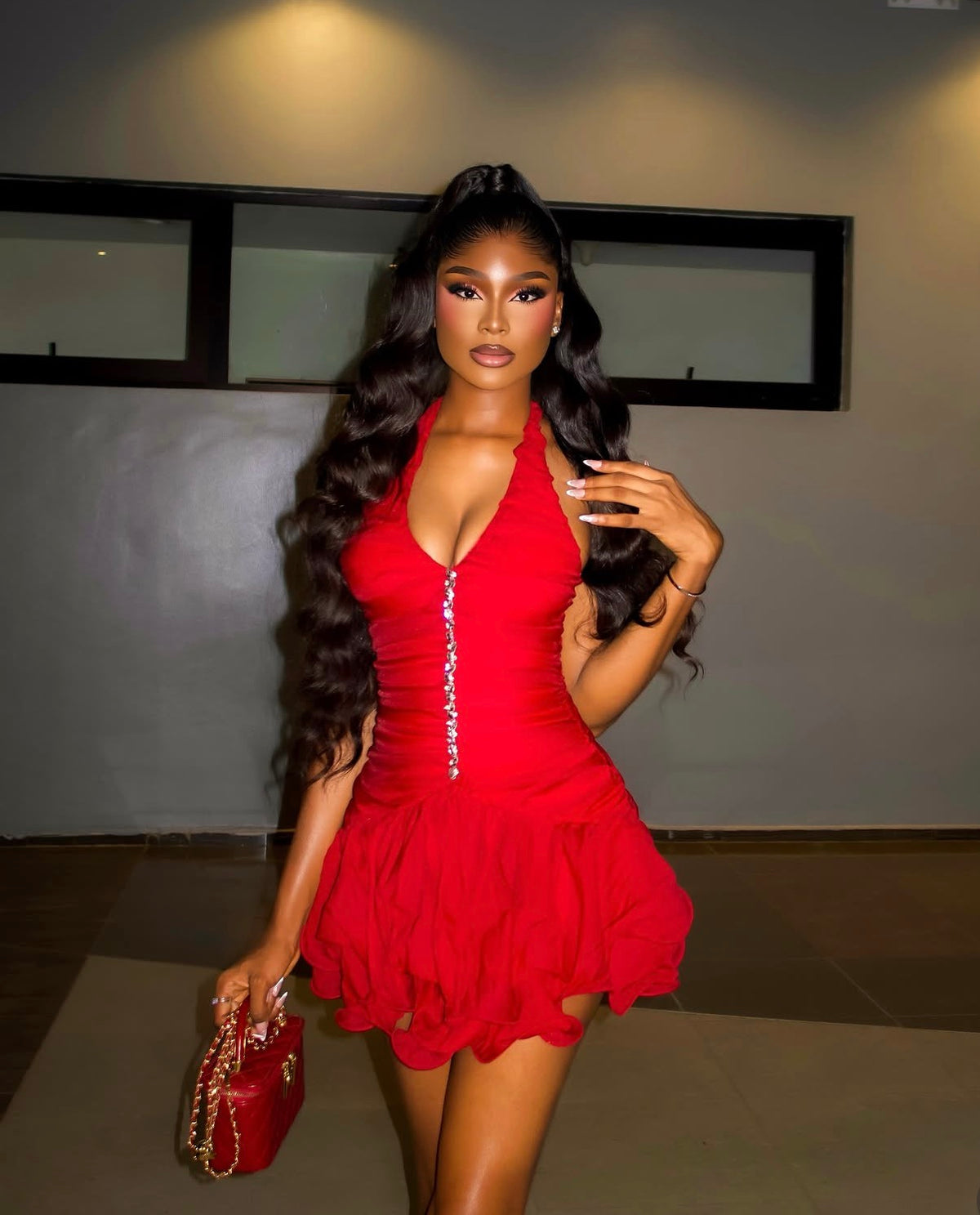 Red crystal prom party dress