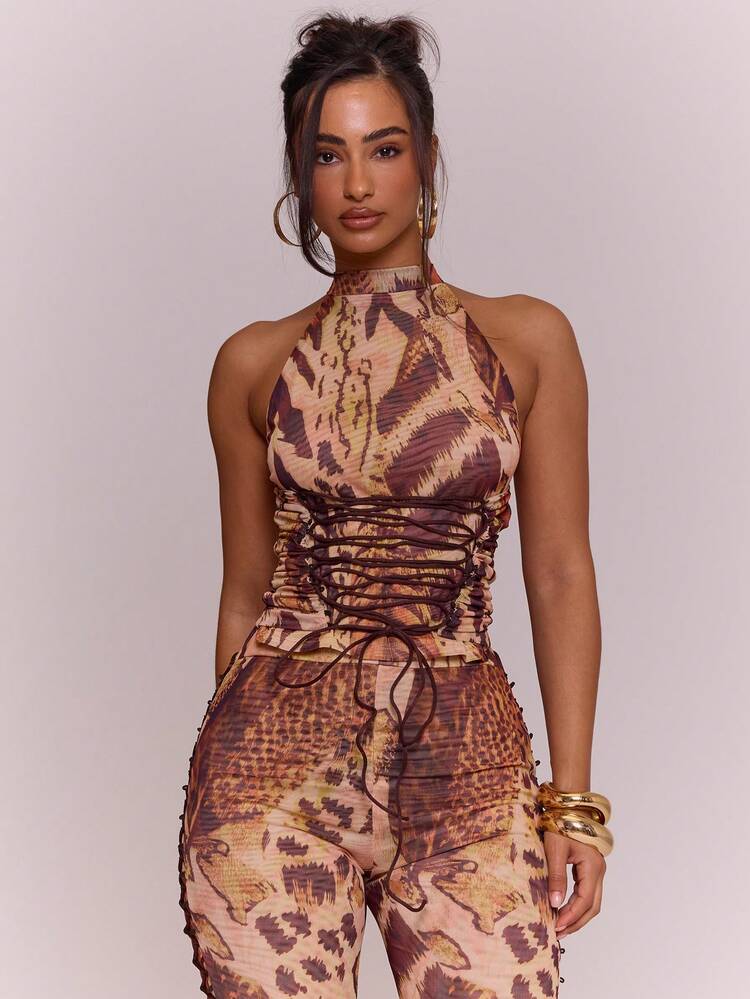 Tiger Print Lace-Up Capri pant and top set