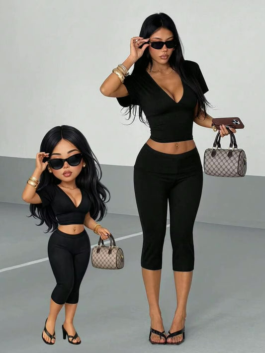 Short sleeve V neck crop top capri length leggings sets