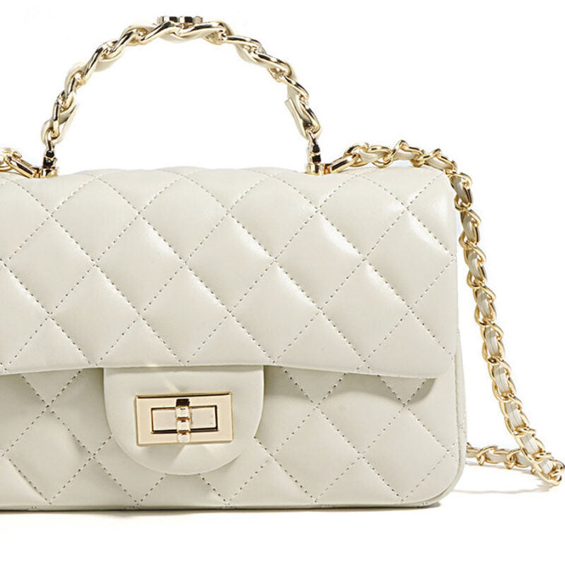 Women's Full-Grain Leather Quilted Gold Lock Crossbody Chain Top Hand Bag - Beige