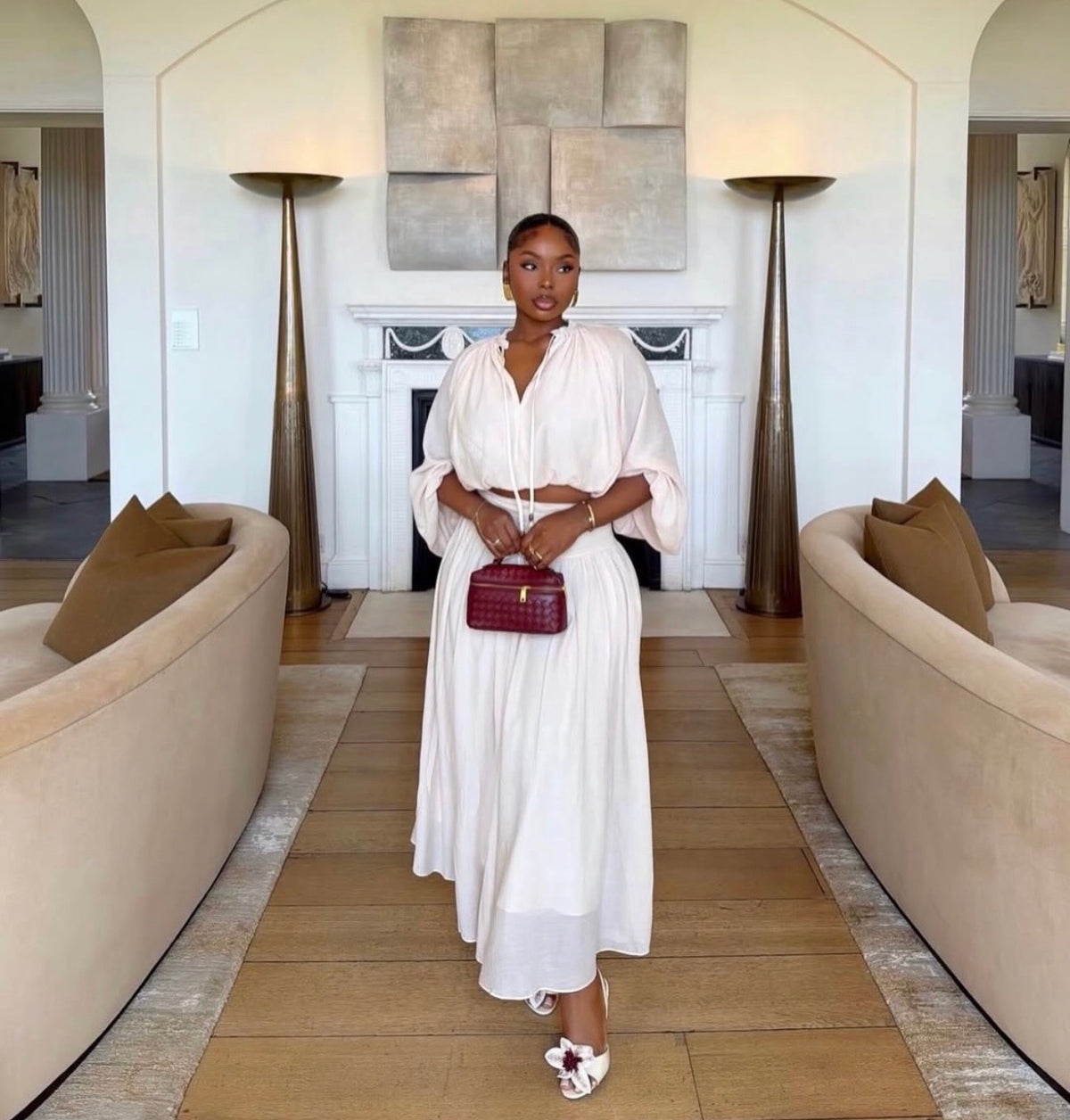 V neck lantern top and midi skirt