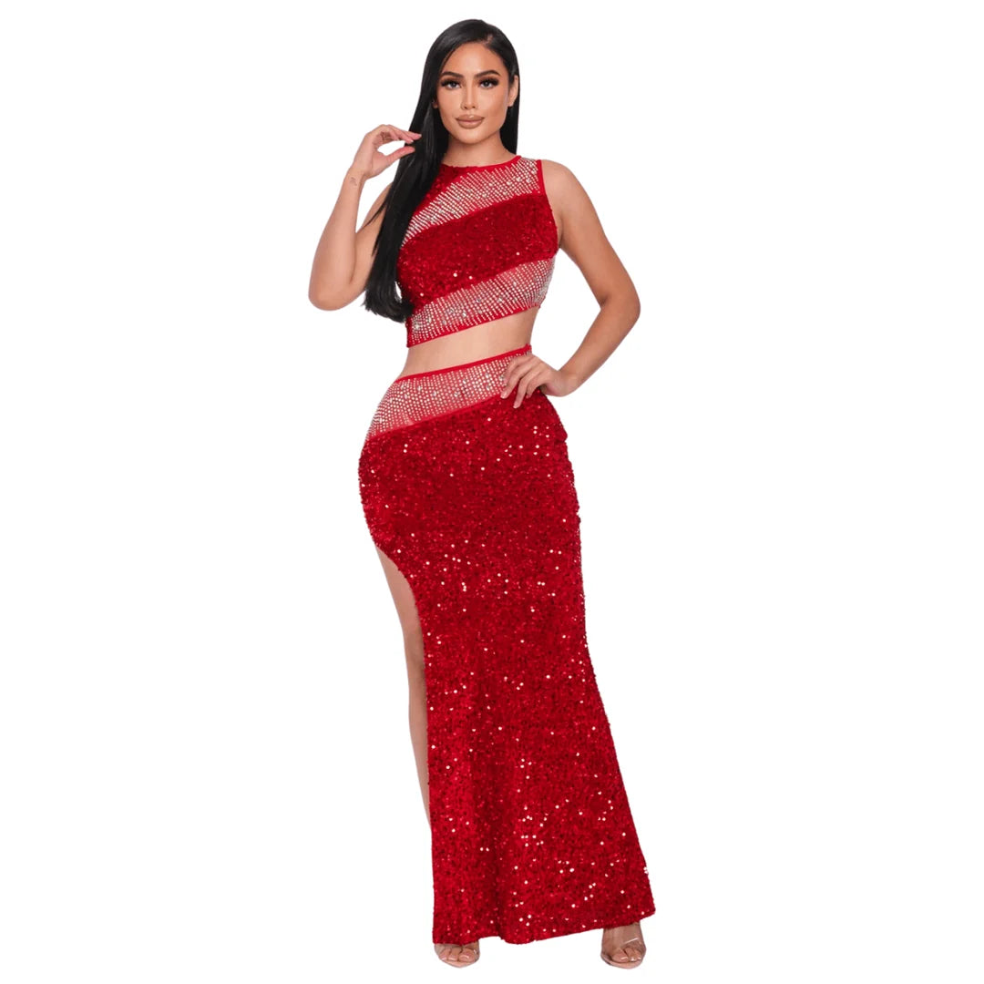 Red sequin two piece sets
