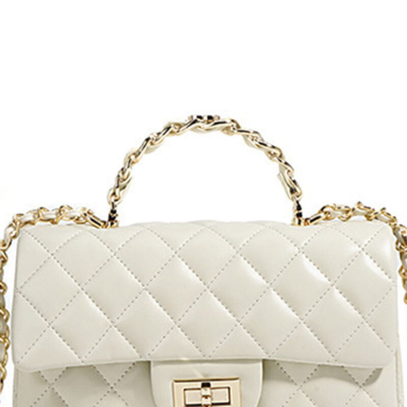 Women's Full-Grain Leather Quilted Gold Lock Crossbody Chain Top Hand Bag - Beige