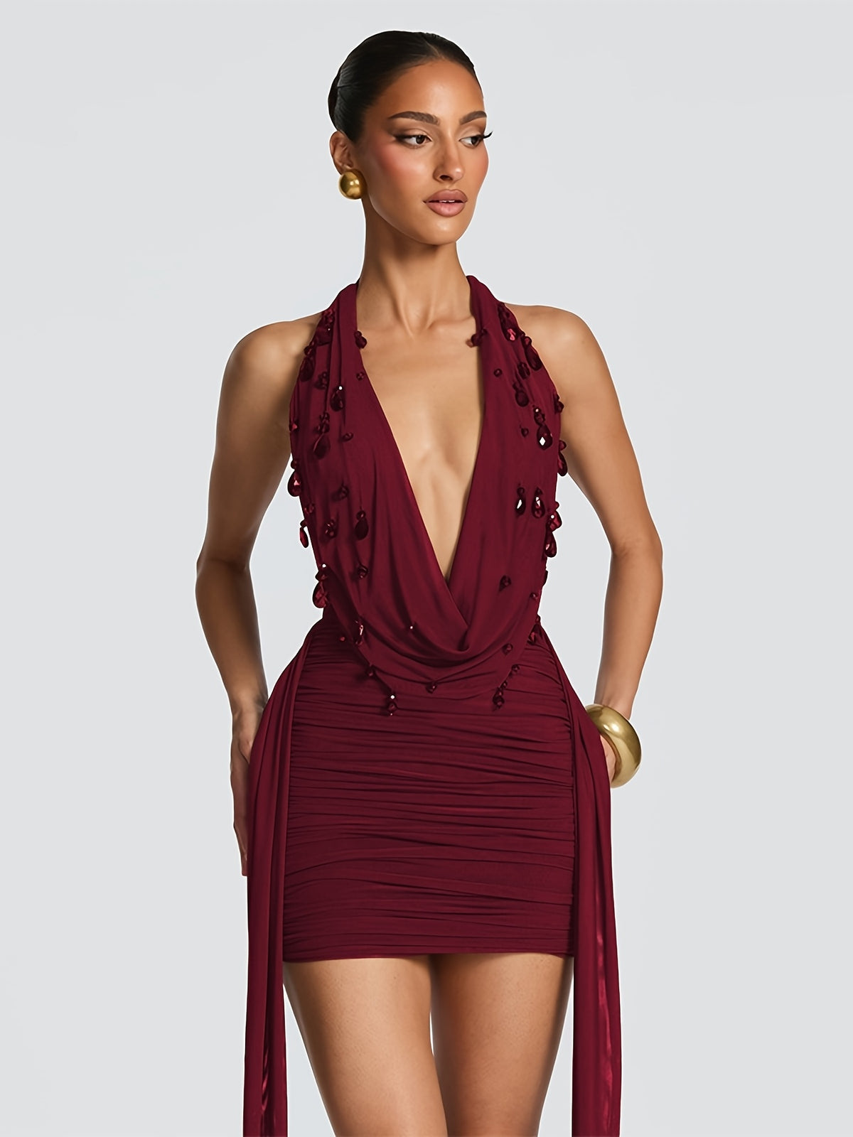 Burgundy & Black draped bodycon mini dress