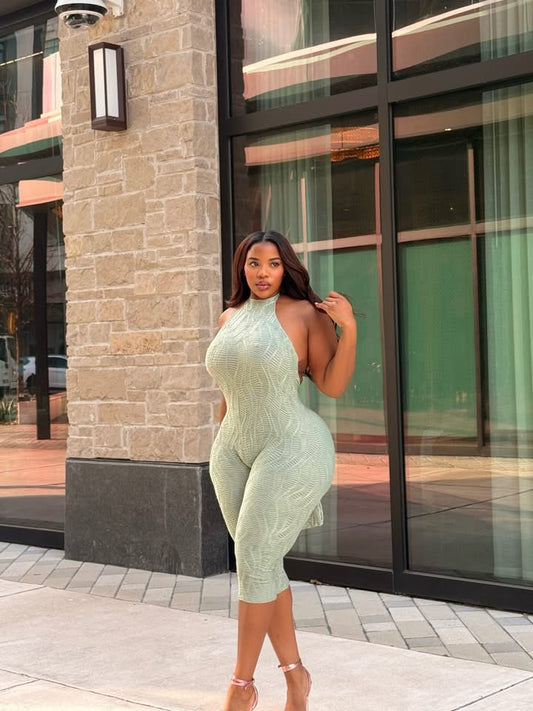 Carina high neck texture backless capri jumpsuit