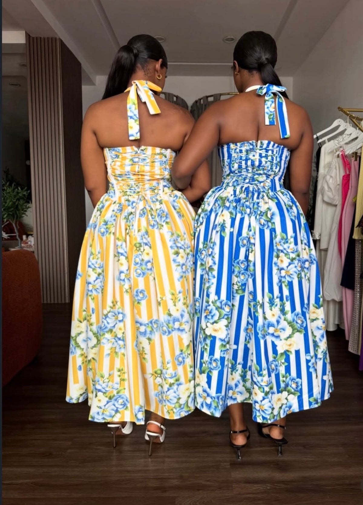 striped floral corset maxi dress