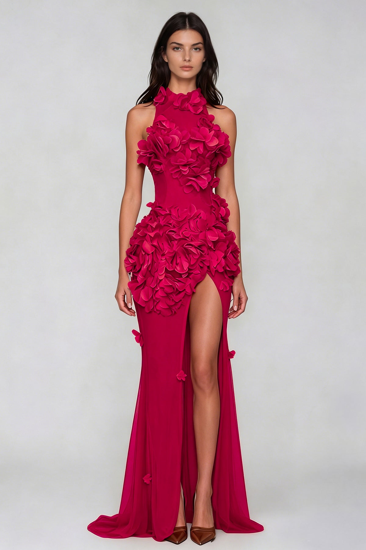 Kira flower high split mesh maxi dress
