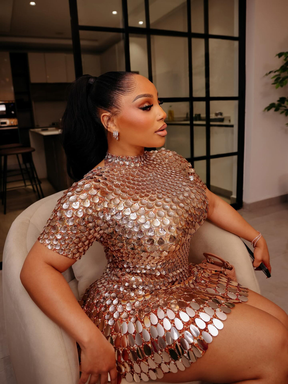 Sequined shell bodysuit mini dress