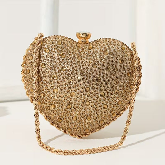 Handheld Evening Bag with Rhinestone Heart Design, Shiny Party Clutch bag