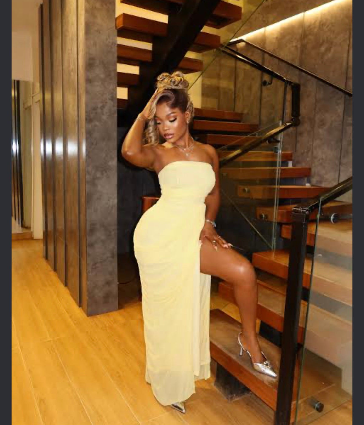 Yellow strapless maxi dress