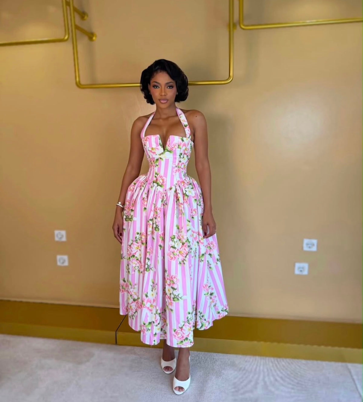 striped floral corset maxi dress