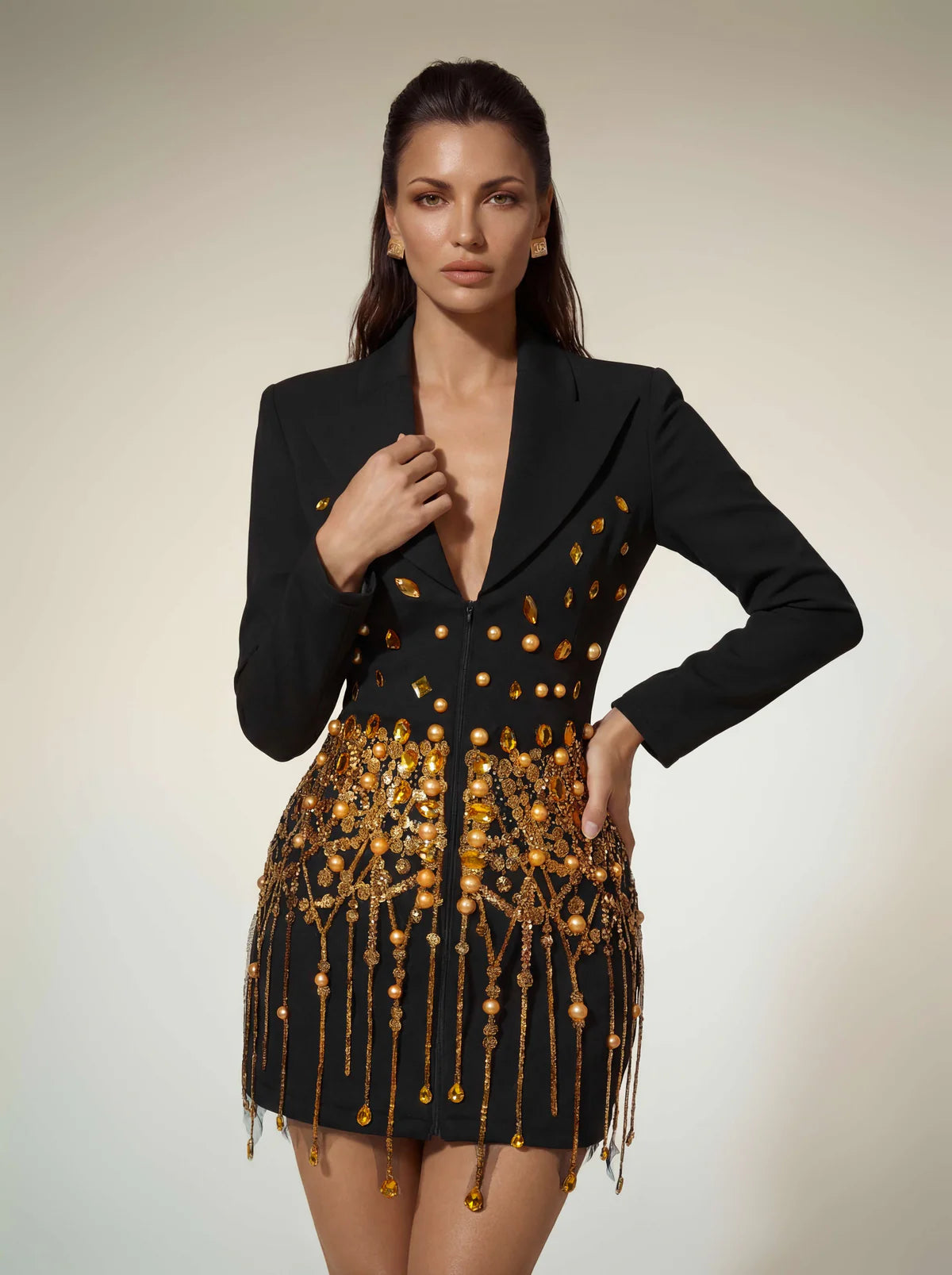 Heavy Gold Beaded Tassel Blazer Dress Notched Lapel Long Sleeve Mini Party Dress