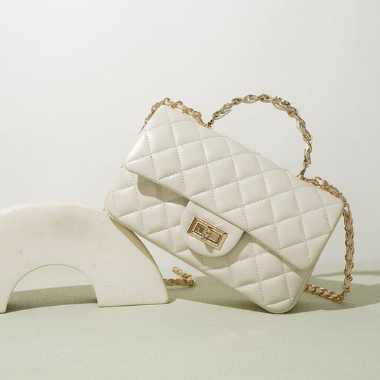 Women's Full-Grain Leather Quilted Gold Lock Crossbody Chain Top Hand Bag - Beige