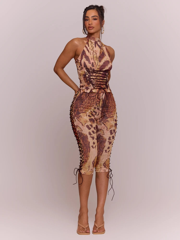 Tiger Print Lace-Up Capri pant and top set
