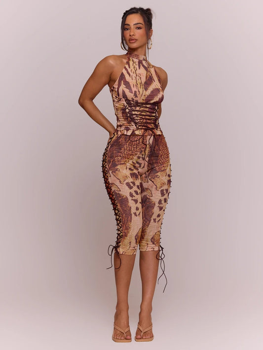 Tiger Print Lace-Up Capri pant and top set
