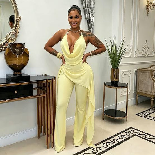 Butter yellow halter neck wide leg jumpsuit