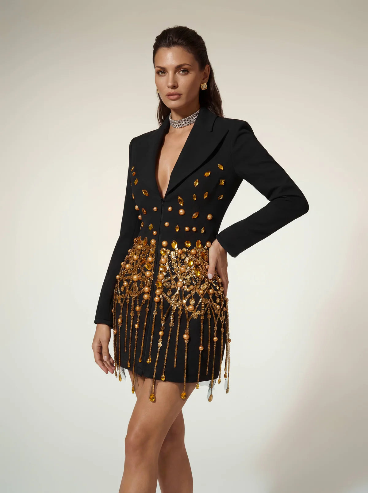 Heavy Gold Beaded Tassel Blazer Dress Notched Lapel Long Sleeve Mini Party Dress