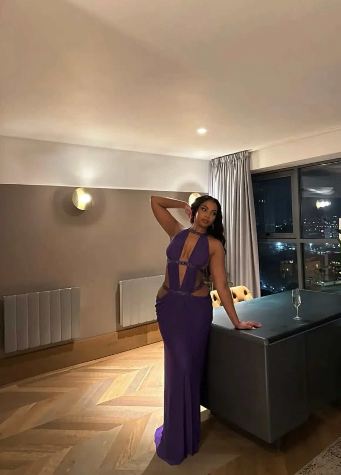 purple cut-out maxi dress with diamante crystal straps