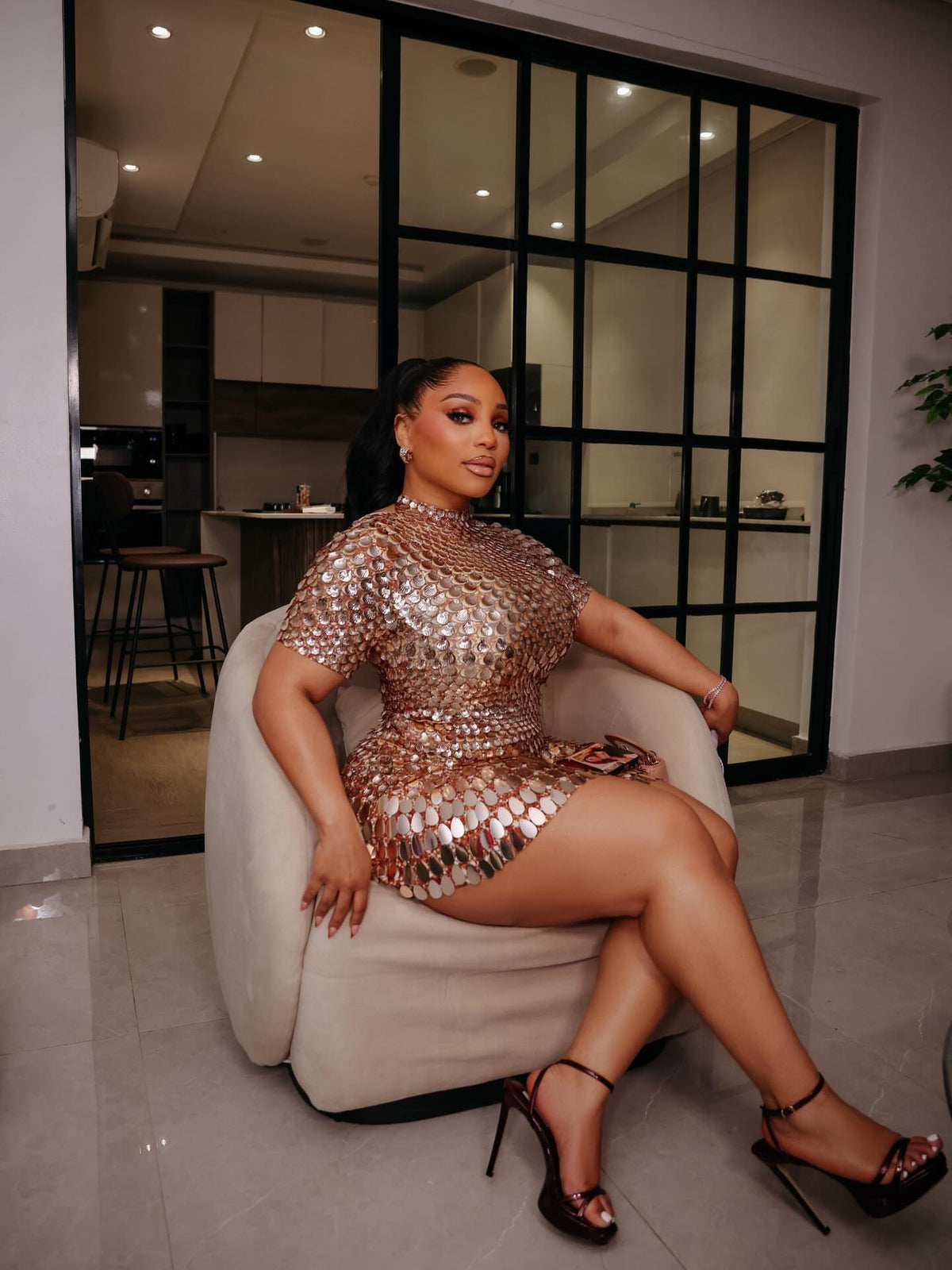 Sequined shell bodysuit mini dress