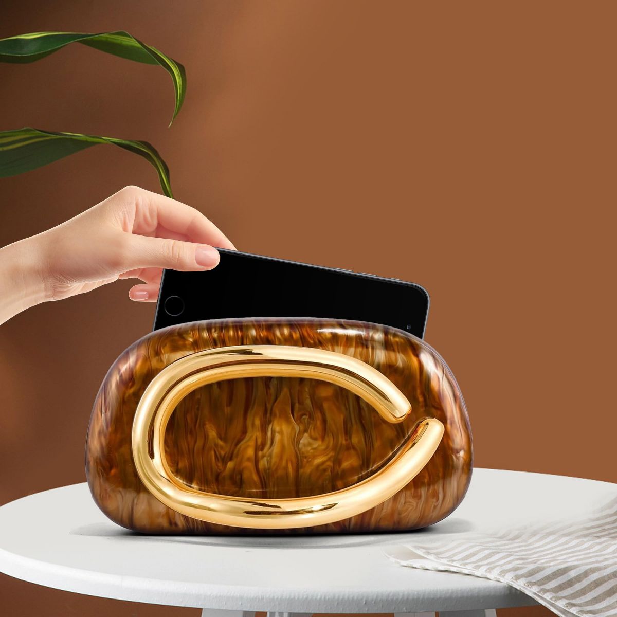 brown marbled acrylic evening clutch