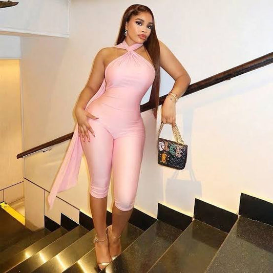 Fitting pink halter jumpsuit