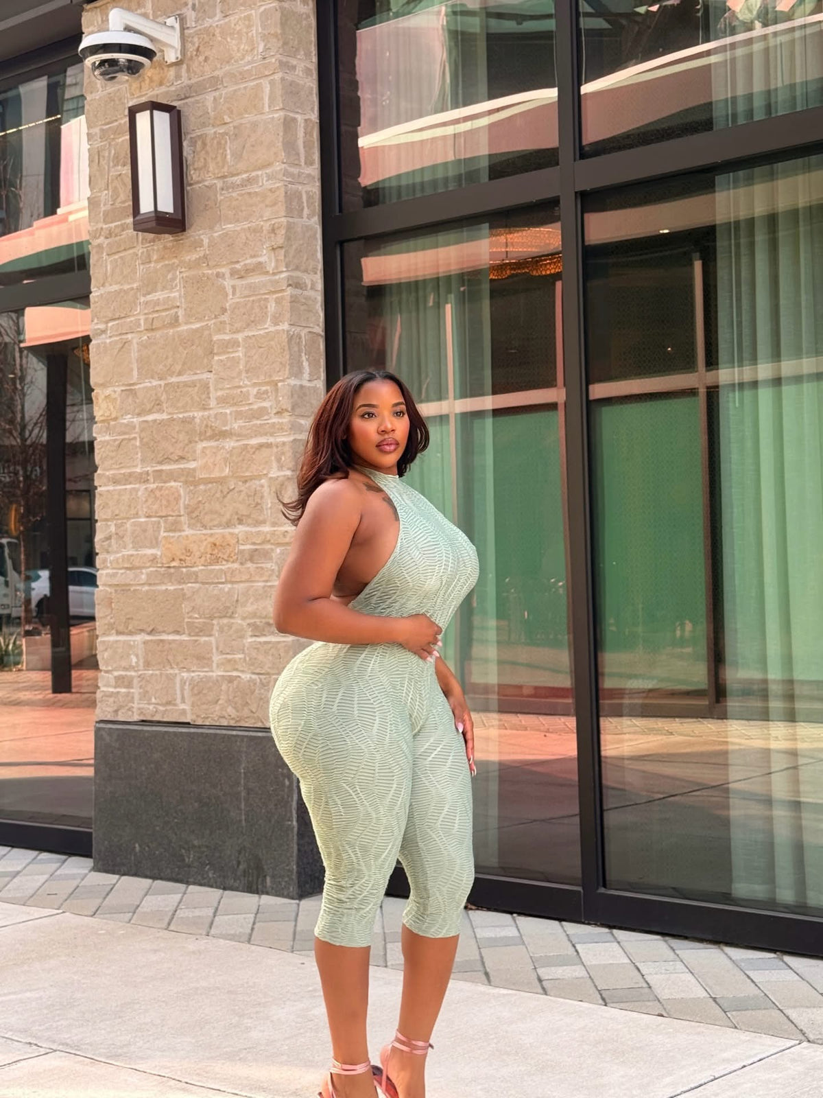 Carina high neck texture backless capri jumpsuit